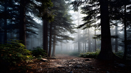 Obraz premium A path leads through a foggy forest
