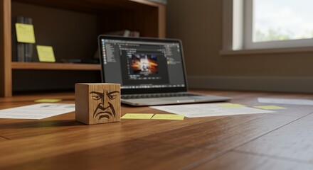 Wooden Block with Face Next to Laptop