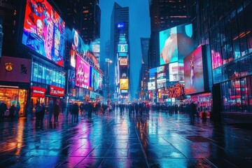 Obraz premium Vibrant city nightlife under starry sky with neon signs and bustling streets during late evening hours