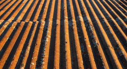 Corrugated metal panel showing wear and rust, textural surface with peeling paint and strong shadow lines creating a graphic pattern across the material, background graphic element.