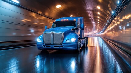Fototapeta premium Blue semi-truck driving through a wet tunnel