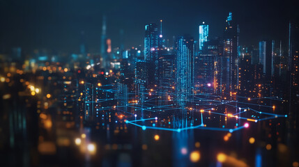 Fototapeta premium Night lights, a city of modern business and smart digital innovation with a network of interconnected rewards over the cityscape of the future smart wireless digital city and social media network that