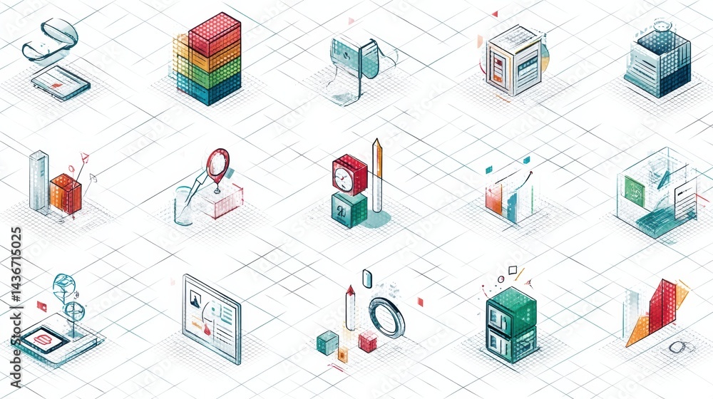 Poster Collection of Isometric Icons and Digital Symbols on a Clean Grid Background for Modern Design Applications and Projects