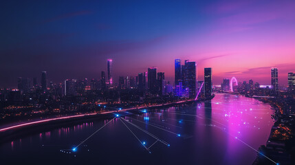 Fototapeta premium Night lights, a city of modern business and smart digital innovation with a network of interconnected rewards over the cityscape of the future smart wireless digital city and social media network that