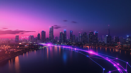 Fototapeta premium Night lights, a city of modern business and smart digital innovation with a network of interconnected rewards over the cityscape of the future smart wireless digital city and social media network that