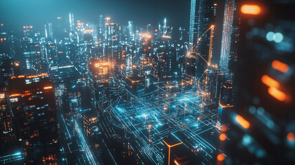 Fototapeta premium Night lights, a city of modern business and smart digital innovation with a network of interconnected rewards over the cityscape of the future smart wireless digital city and social media network that