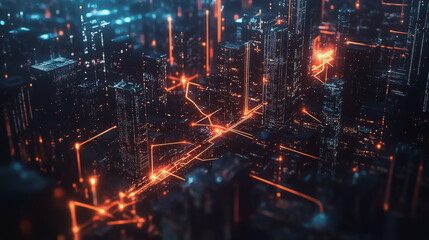 Night lights, a city of modern business and smart digital innovation with a network of interconnected rewards over the cityscape of the future smart wireless digital city and social media network that