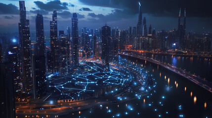 Night lights, a city of modern business and smart digital innovation with a network of interconnected rewards over the cityscape of the future smart wireless digital city and social media network that