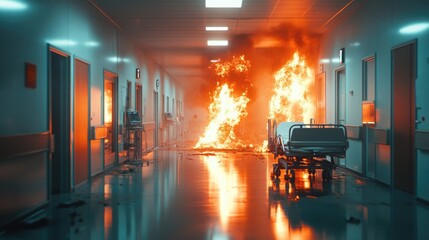 Inferno in Hospital Corridor: Burning Room and Emergency Medical Cart