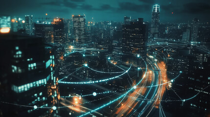Night lights, a city of modern business and smart digital innovation with a network of interconnected rewards over the cityscape of the future smart wireless digital city and social media network that