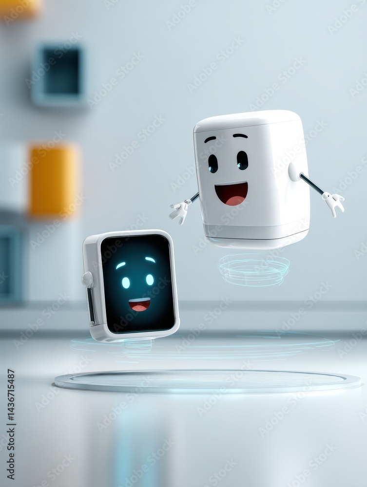 Poster Floating Robotic Assistant With a Smiling Face Interacts Playfully in a Modern, Tech-Inspired Environment