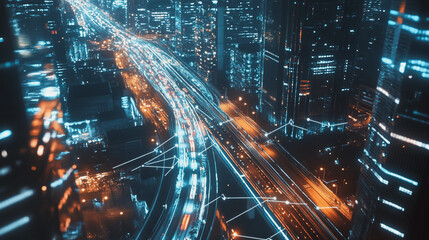 Naklejka premium Night lights, a city of modern business and smart digital innovation with a network of interconnected rewards over the cityscape of the future smart wireless digital city and social media network that