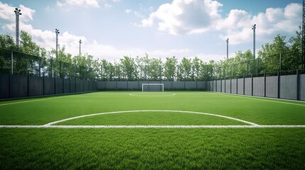 Vibrant Grass Soccer Field Under Clear Sky with Lush Surroundings