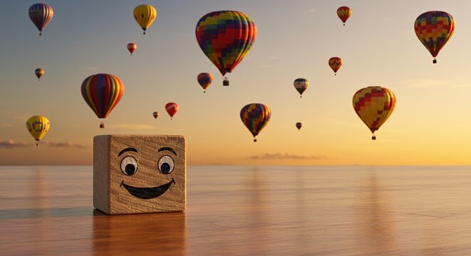 Smiling Wooden Cube with Hot Air Balloons in a Colorful Sunset