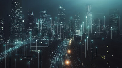 Obraz premium Night lights, a city of modern business and smart digital innovation with a network of interconnected rewards over the cityscape of the future smart wireless digital city and social media network that