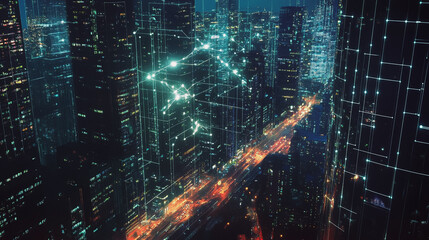 Obraz premium Night lights, a city of modern business and smart digital innovation with a network of interconnected rewards over the cityscape of the future smart wireless digital city and social media network that