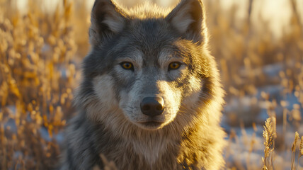 Focused view of a dire wolf illuminated by golden sunlight in a forest
