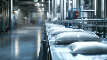 Crystal Sugar Production Line: Bags of White Granulated Sugar Moving on Conveyor Belt in Modern Factory