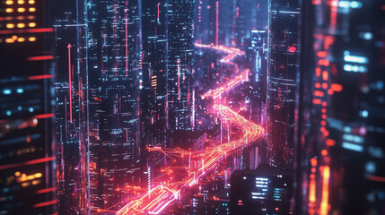 Fototapeta premium Night lights, a city of modern business and smart digital innovation with a network of interconnected rewards over the cityscape of the future smart wireless digital city and social media network that