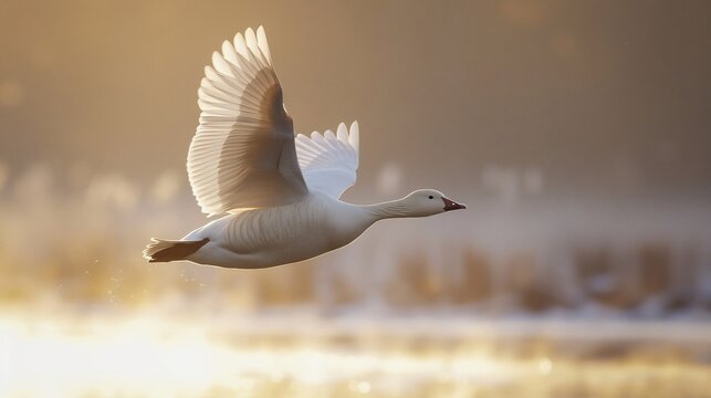 Regal snow goose taking flight over a misty wetland its pure white wings catching the morning light cinematic wildlife moment