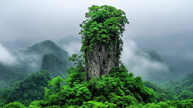 Majestic Rock Formation Enveloped by Lush Greenery and Mist