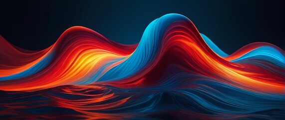 Digital abstract art with flowing liquid colors in gradient blues and fiery reds creating mesmerizing waves