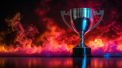 Champion trophy amidst vibrant smoke