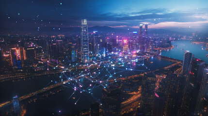 Fototapeta premium Night lights, a city of modern business and smart digital innovation with a network of interconnected rewards over the cityscape of the future smart wireless digital city and social media network that