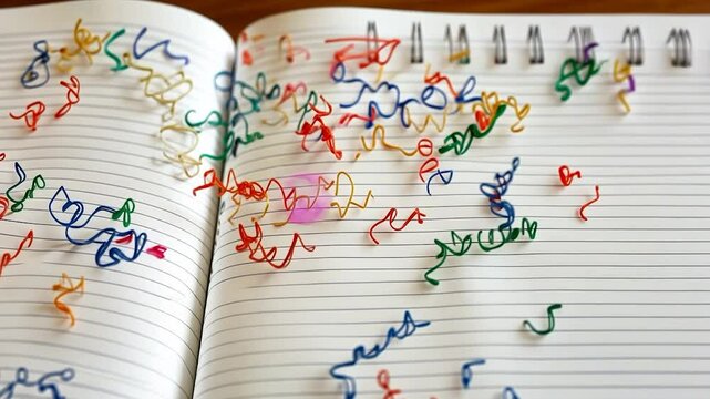 Colorful spiral paperclips on notebook pages