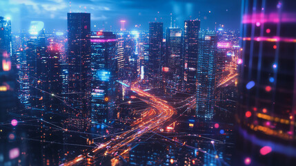 Night lights, a city of modern business and smart digital innovation with a network of interconnected rewards over the cityscape of the future smart wireless digital city and social media network that