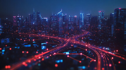 Night lights, a city of modern business and smart digital innovation with a network of interconnected rewards over the cityscape of the future smart wireless digital city and social media network that
