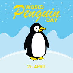 Cute little penguin. Vector flat cartoon illustration isolated on white. Banner, postcard. Penguin awareness day. World Penguin Day, Inscription, signed picture. Character, Antarctic animal, Polar.