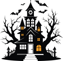 Spooky Halloween Haunted House With Bats and Bare Trees Silhouette