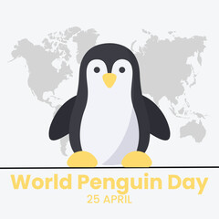 Cute little penguin. Vector flat cartoon illustration isolated on white. Banner, postcard. Penguin awareness day. World Penguin Day, Inscription, signed picture. Character, Antarctic animal, Polar.