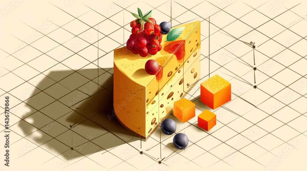 Poster isometric cake slice with vibrant fruit cubes and intricate shadow grid design