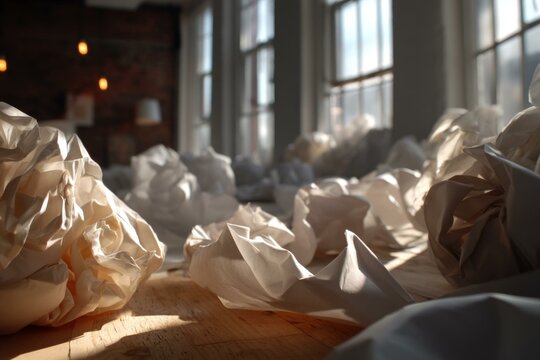 Crumpled papers scattered indoors on wooden floor in sunlight, representing frustration or creative block, near windows in bright space