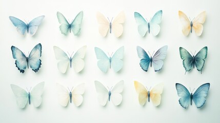 Pastel butterflies arranged on a light background, suitable for spring decor or nature themes