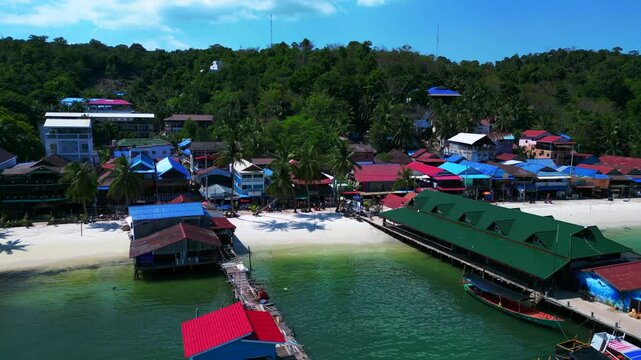25.2.25 Ko Rong khm, Island Village on Beach. Dramatic aerial view flight drone