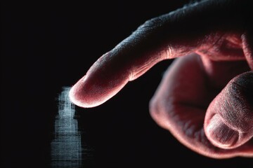 Close-up of Human Finger Touching Digital Data Stream on Black Background for Cybersecurity, Future Technology Concepts