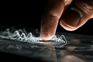 Finger pressing on illuminated screen interface activating glowing graph waves, biometric identification, and unlocking device access