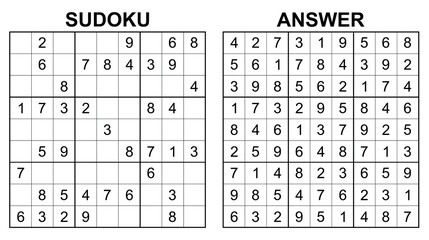 Vector sudoku with answer 43. Educational game with numbers for kids and leisure for adult on white background.