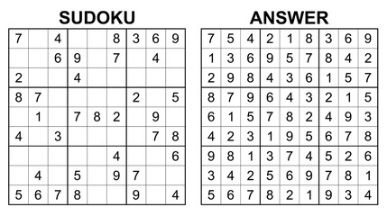 Vector sudoku with answer 42. Educational game with numbers for kids and leisure for adult on white background.
