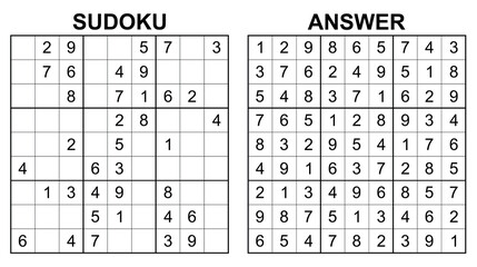 Vector sudoku with answer 44. Educational game with numbers for kids and leisure for adult on white background.