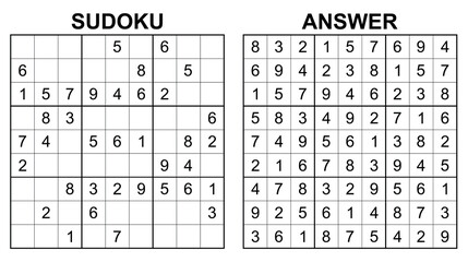 Vector sudoku with answer 46. Educational game with numbers for kids and leisure for adult on white background.