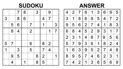 Vector sudoku with answer 45. Educational game with numbers for kids and leisure for adult on white background.