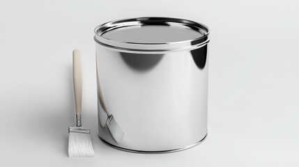 Freshly opened metal paint can with smooth white paint and brush, DIY home renovation preparation.