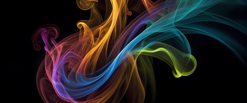 Colorful swirling smoke textures rendered digitally to form artful patterns against jet black backgrounds