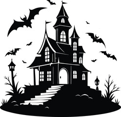 Spooky Halloween Haunted House With Bats and Bare Trees Silhouette