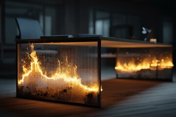 Desk interior illuminates flames, showcasing glowing data diagram through glass panels in workspace office environment
