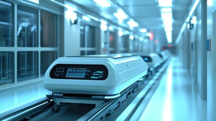 Fototapeta premium Futuristic Medical Transport System: Automated Patient Pods on Conveyor Belt in Modern Hospital Corridor